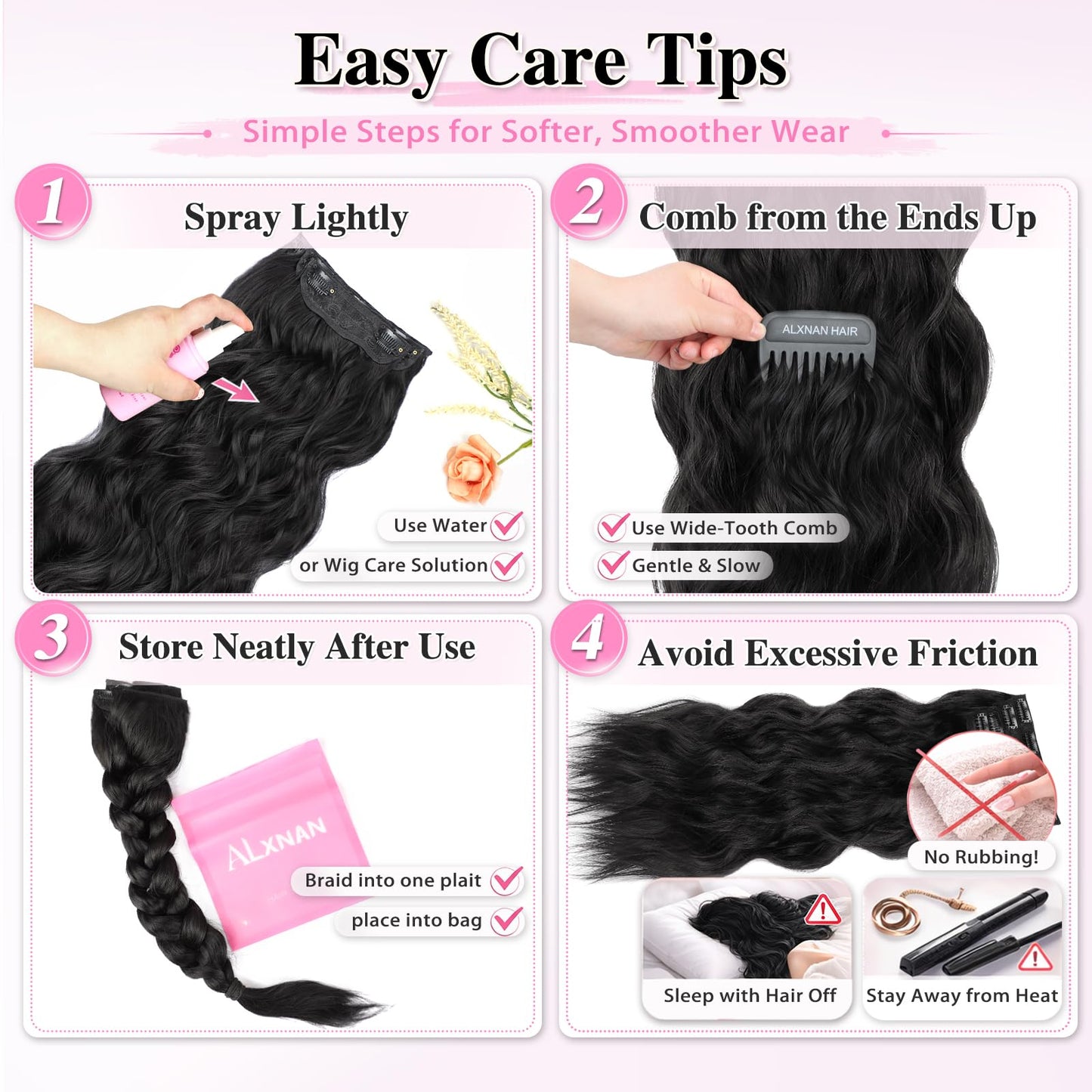ALXNAN Clip in Long Wavy Synthetic Hair Extension 24 Inch Black 4PCS Thick Hairpieces Fiber Double Weft Hair for Women