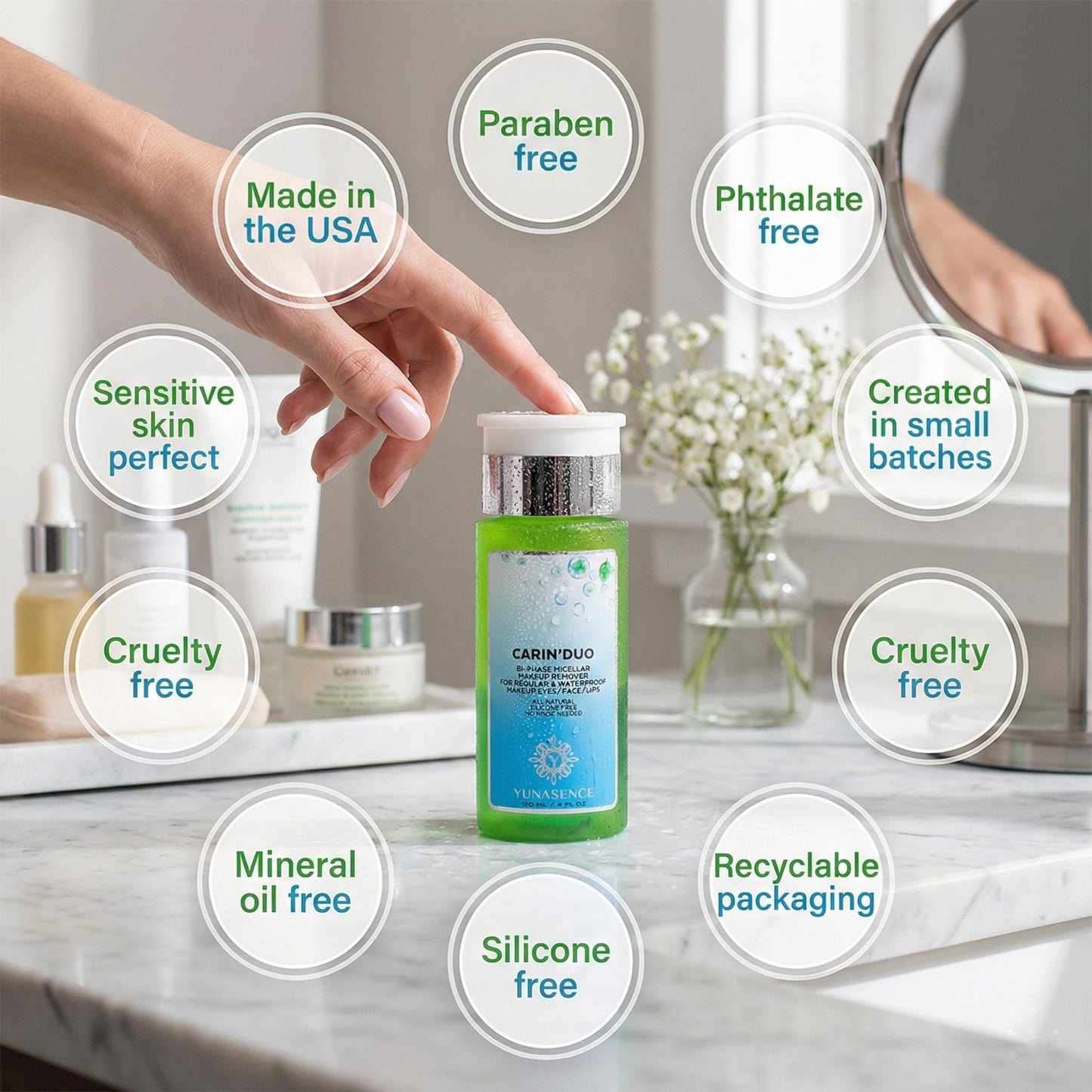 Sweetsation Therapy YUNASENCE CARIN’DUO Bi-Phase Micellar Makeup Remover for Regular and Waterproof Makeup. Eyes/Face/Lips, 4oz. 100% Natural. Silicone free. Cyclopentasiloxane free.