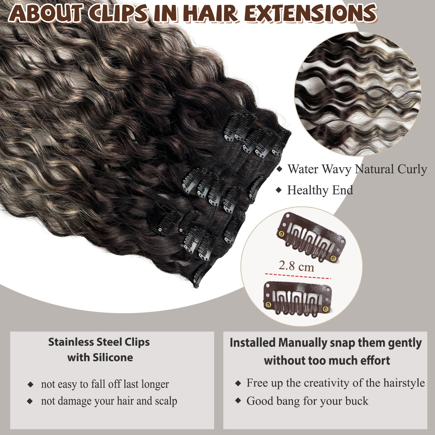 Dark Brown Hair Extensions Real Human Hair Curly Clip in Hair Extensions Real Human Hair 70g 7pcs 16inch Chestnut Brown Water Wavy Soft and Natural Remy Human Hair Extensions (#1bt1b sliver, 16 Inch)