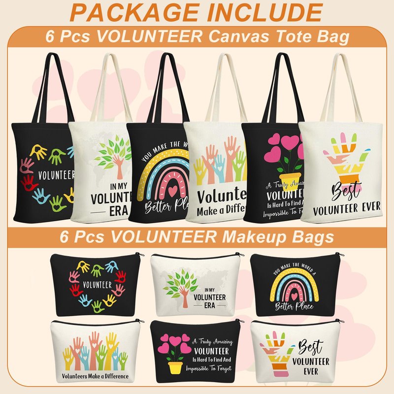 Yaomiao 12 Pcs Volunteer Appreciation Gifts Bulk for Women Volunteer Tote and Cosmetic Bags Set Funny Canvas Reusable Grocery Bag with Zipper Makeup Bag for Holiday Thank You Gifts, Church, Group