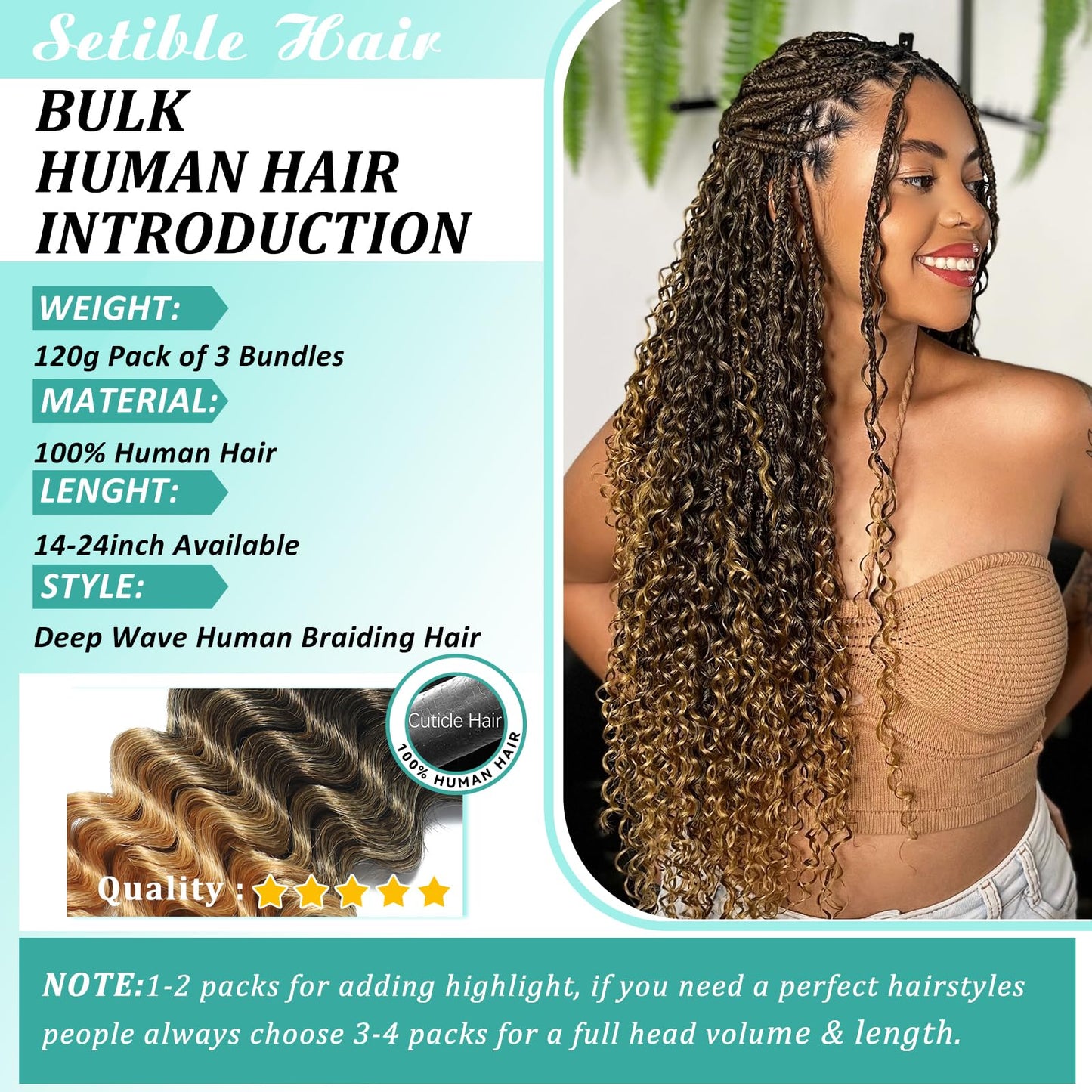 Human Braiding Hair for Boho Braids 18 Inch 120g Deep Wave Bulk Boho Human Hair for Braiding Curly Knotless Bohemian Braids 12A 100% Brazilian Virgin No Weft Extensions 3 Bundles/Pack Natural Black 1B