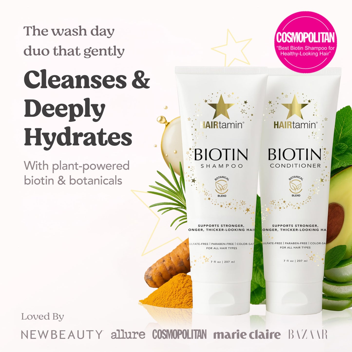 HAIRtamin Shampoo and Conditioner Set - Paraben & Sulfate Free, Volumizing & Moisturizing, Natural Biotin Shampoos and Conditioners, Gentle Moisturizer on Curly & Color Treated Hair