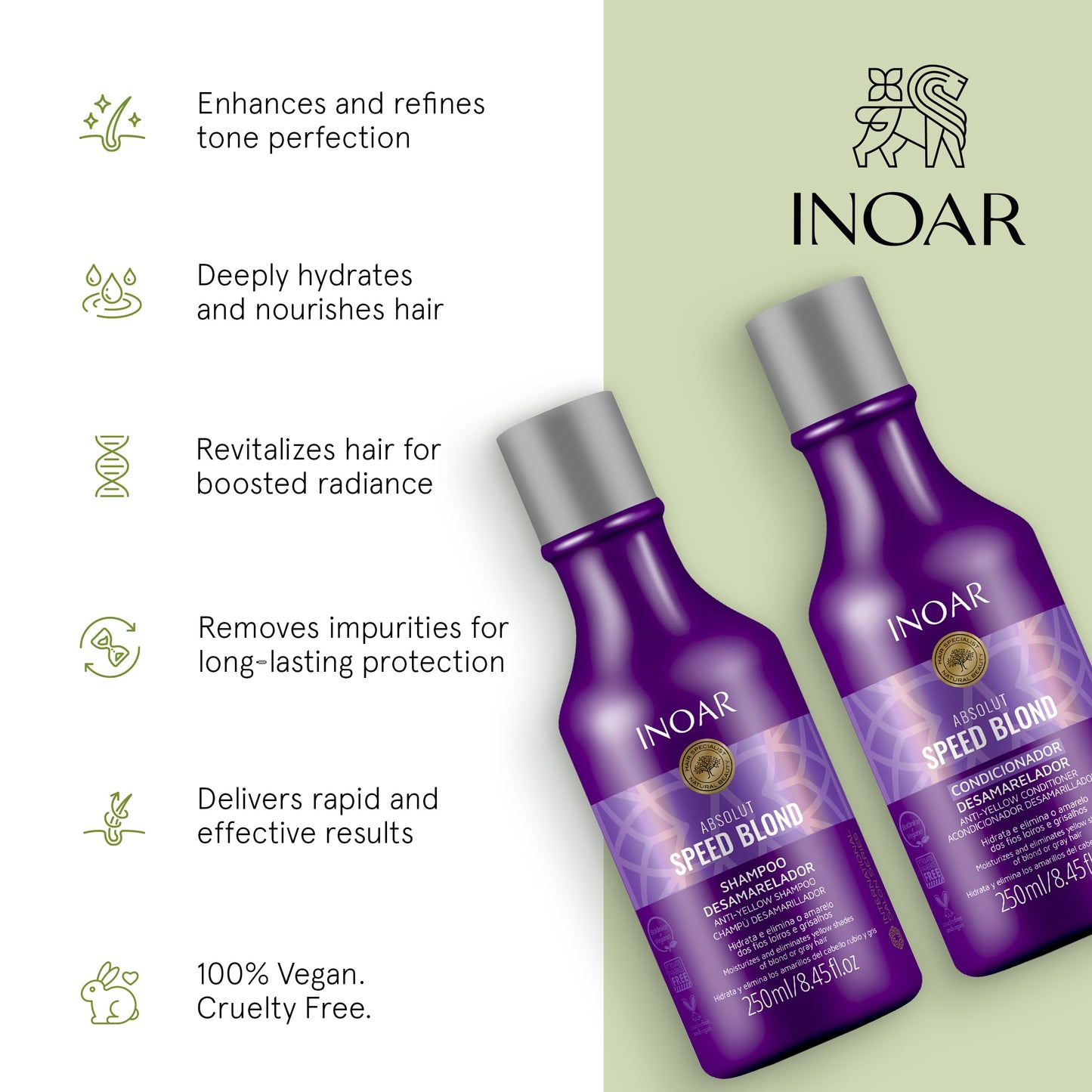 Inoar Absolut Speed Blond Shampoo & Conditioner Kit with Argan Oil for Blonde, Silver & Gray Hair with Tone Neutralization & Hydration, 8.45 fl.oz