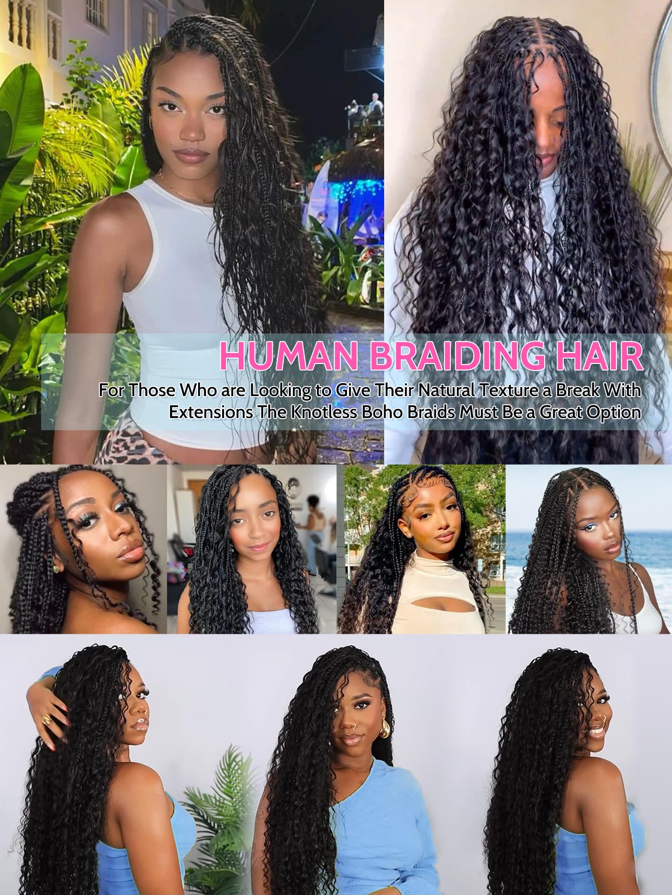 QUINARVVNA Human Braiding Hair for Boho Braids 110g Deep Wave Curly Bulk Human Hair 2 Bundles 12A Wet and Wavy Extensions for Knotless Bohemian Braids No Weft Natural Black 18 Inch