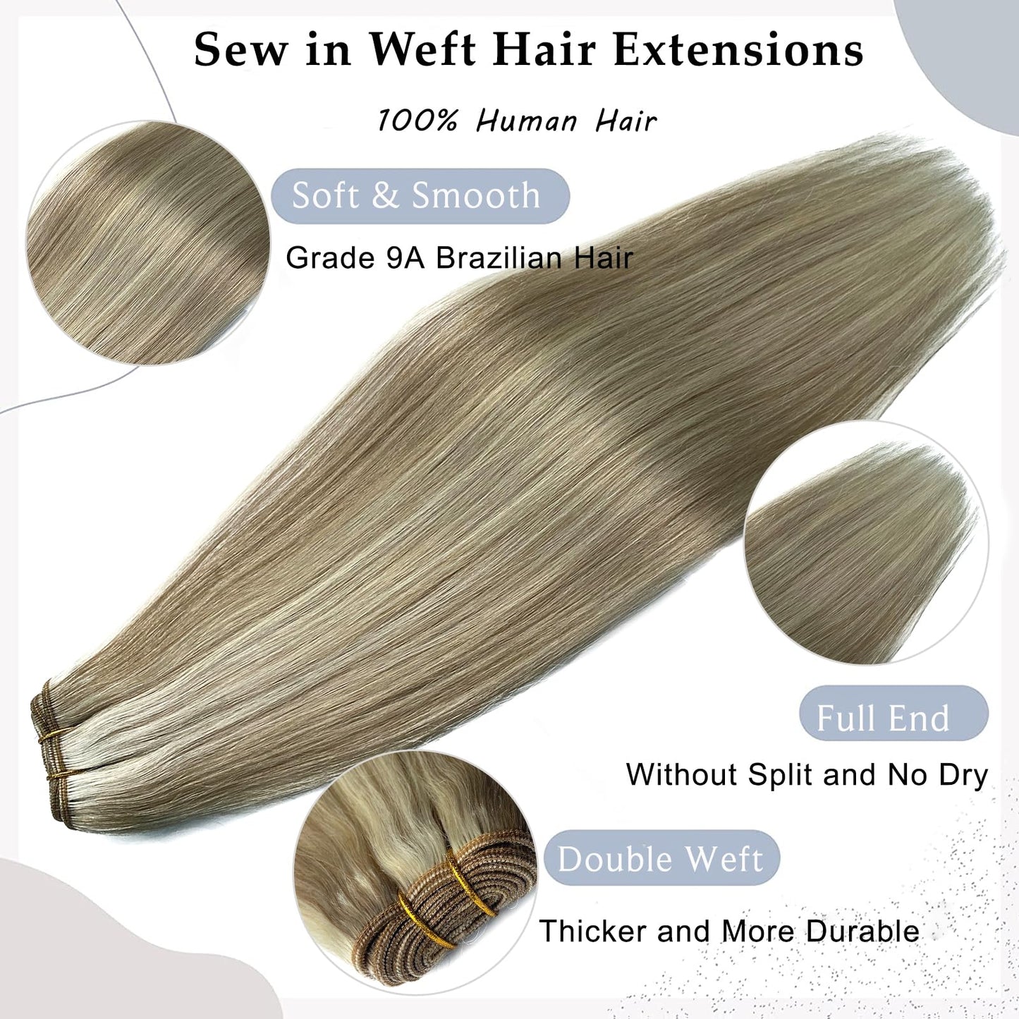 Ash Blonde Balayage Blonde Highlights Sew in Hair Extensions Real Human Hair Hand Tied Weft Extensions Remy Human Hair Bundles 14 Inch 80G Sew in Weft Hair Extension Human Hair Weave