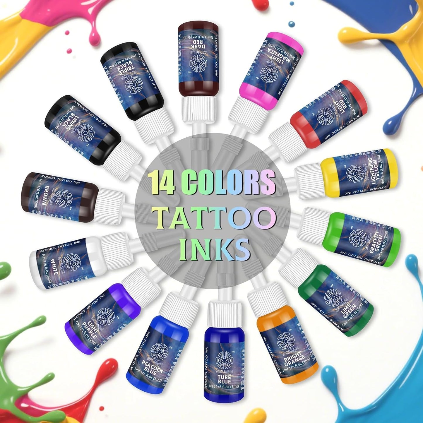 ATOMUS Tattoo Ink Kit - Natural Plant-Based Pigment Set for Permanent Makeup | 14 Colors, 1/6 oz