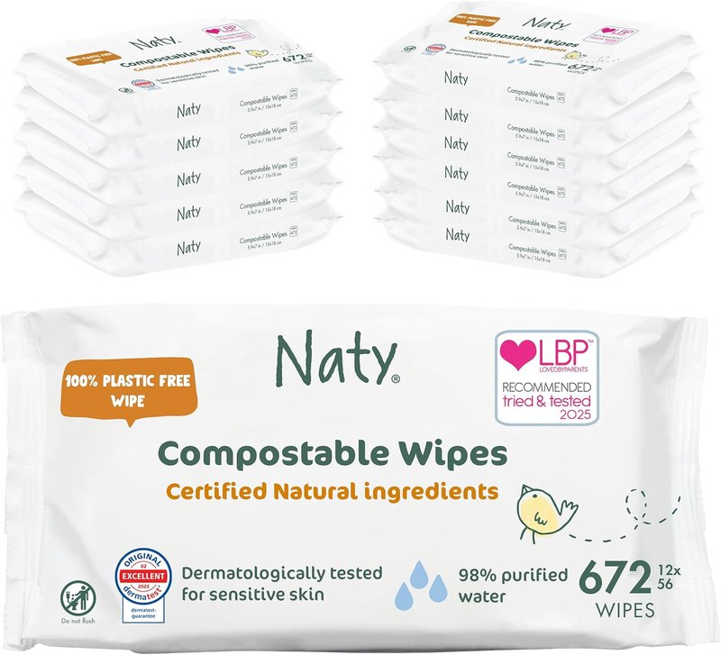 Naty Baby Wipes - Hypoallergenic, Unscented & Plant-Based | 672 Count, Compostable for Sensitive Skin