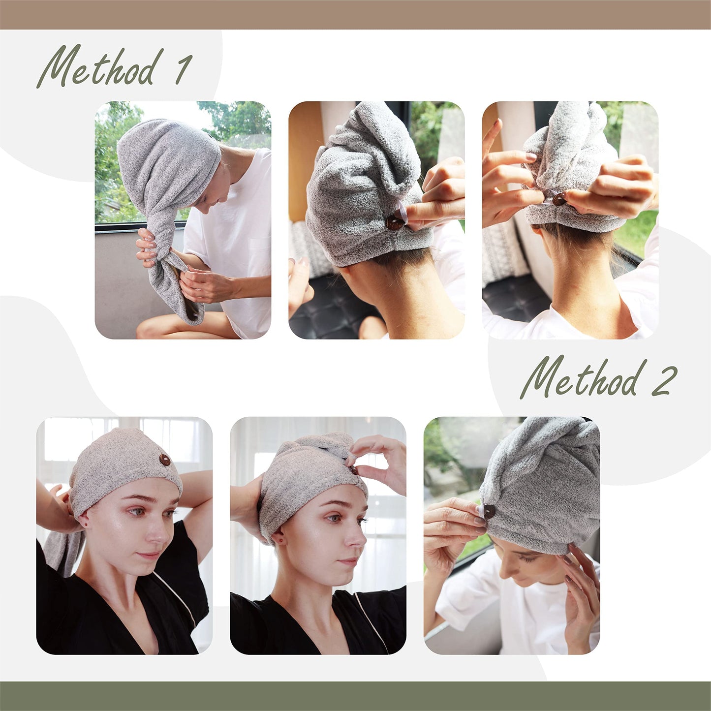 myHomeBody Hair Towel Wrap, Luxury Quick Drying Turban, Ultra Soft Absorbent Charcoal Fiber Cap, with Coconut Shell Button – 2 Pack