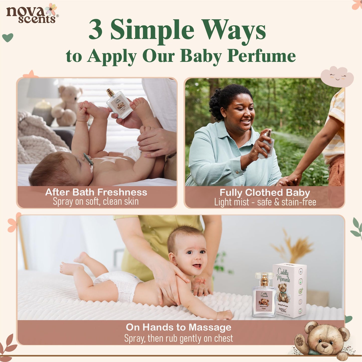Nova Scents| Baby Cologne| Baby Perfume| Alcohol Free, Hypoallergenic, Paraben Free| Floral, Fresh, Powdery| Gentle Scent for Babies & Toddlers| 1.7oz, 50 ml- Cuddly Moments