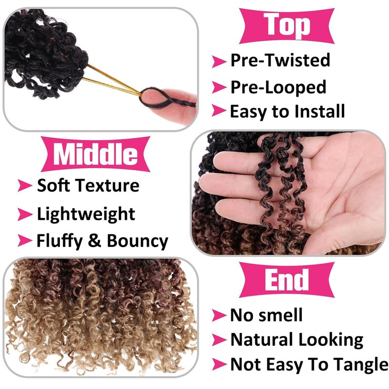 Pre-Twisted Yanky Twist Crochet Hair - Ombre Brown to Blonde, 10 Inch, 8PCS Bouncy Wavy Synthetic Extensions