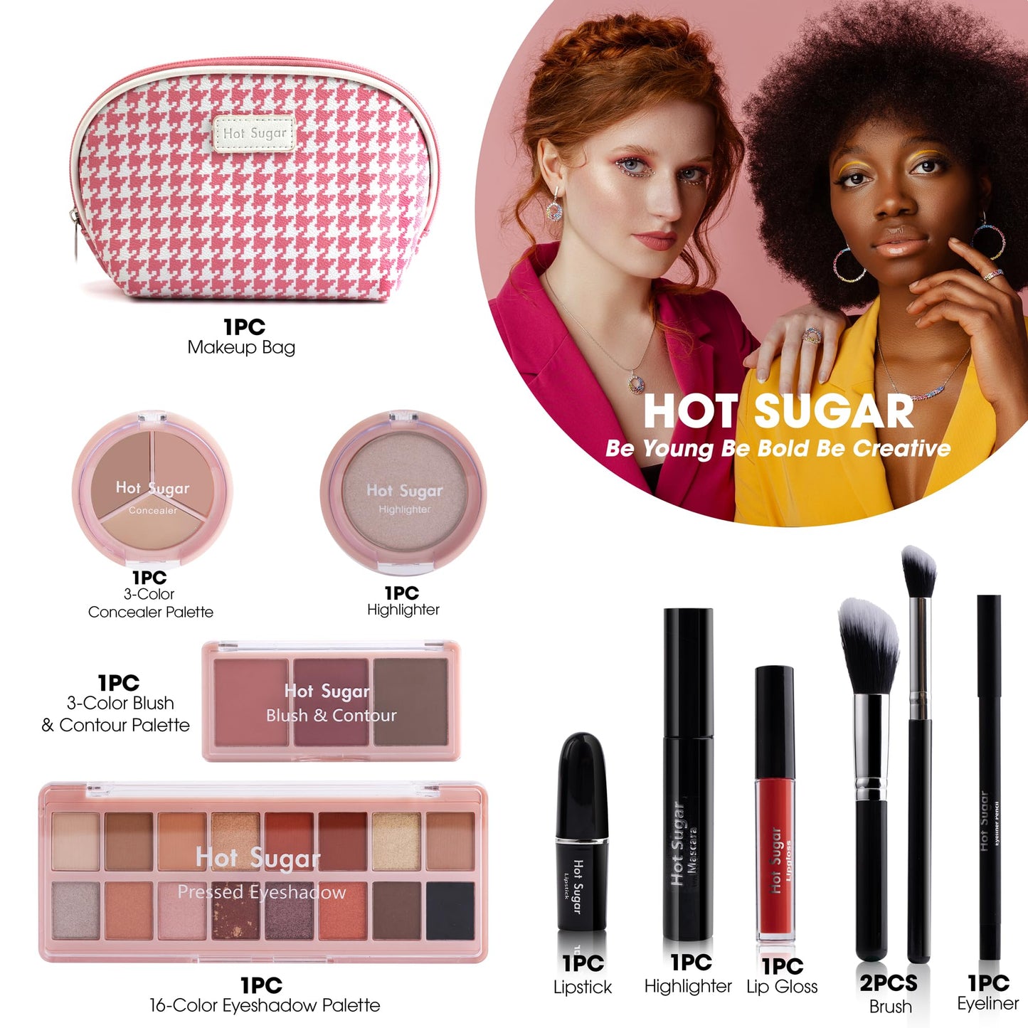 Hot Sugar All in One Makeup Kit, Makeup Set for Women, Girls Makeup Kit for Teens with Eyeshadow, Blush, Contour, Highlighter, Concealer, Lipstick, Lip Gloss, Eyeliner and Brush (Pink)