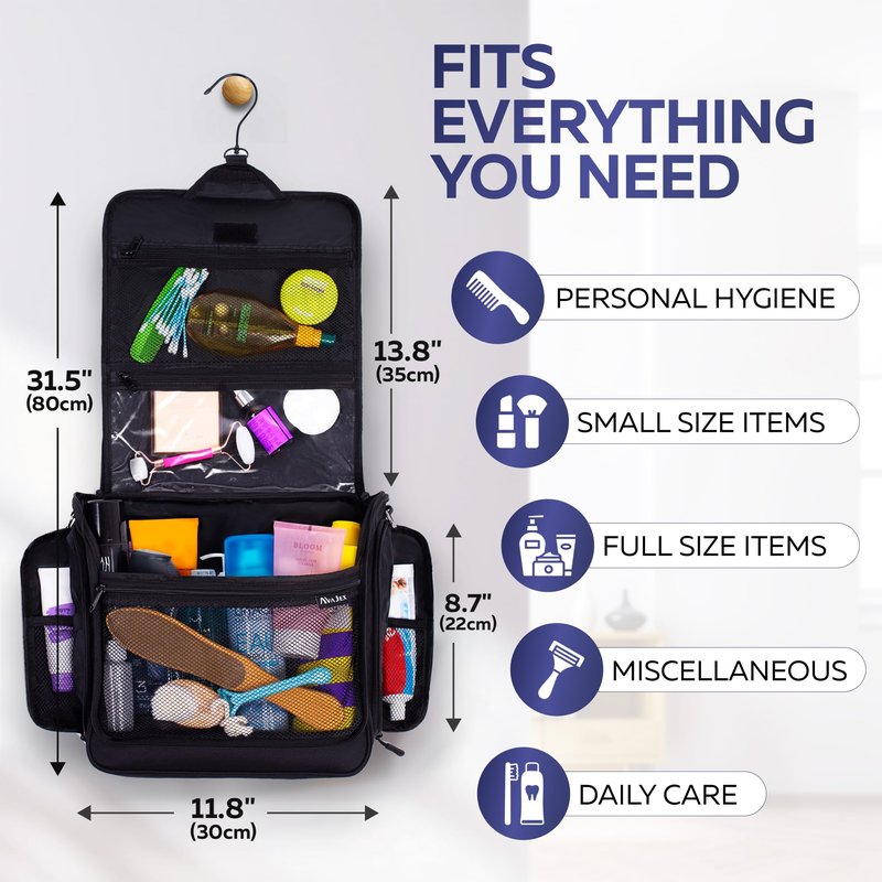 Extra Large (11.8”x11.8”x4”) Hanging Travel Toiletry Bag for Men and Women - Cosmetic Travel Bag With Shoulder Strap - Waterproof Hygiene Bag with Metal Swivel Hook and 19 Compartments for Toiletries
