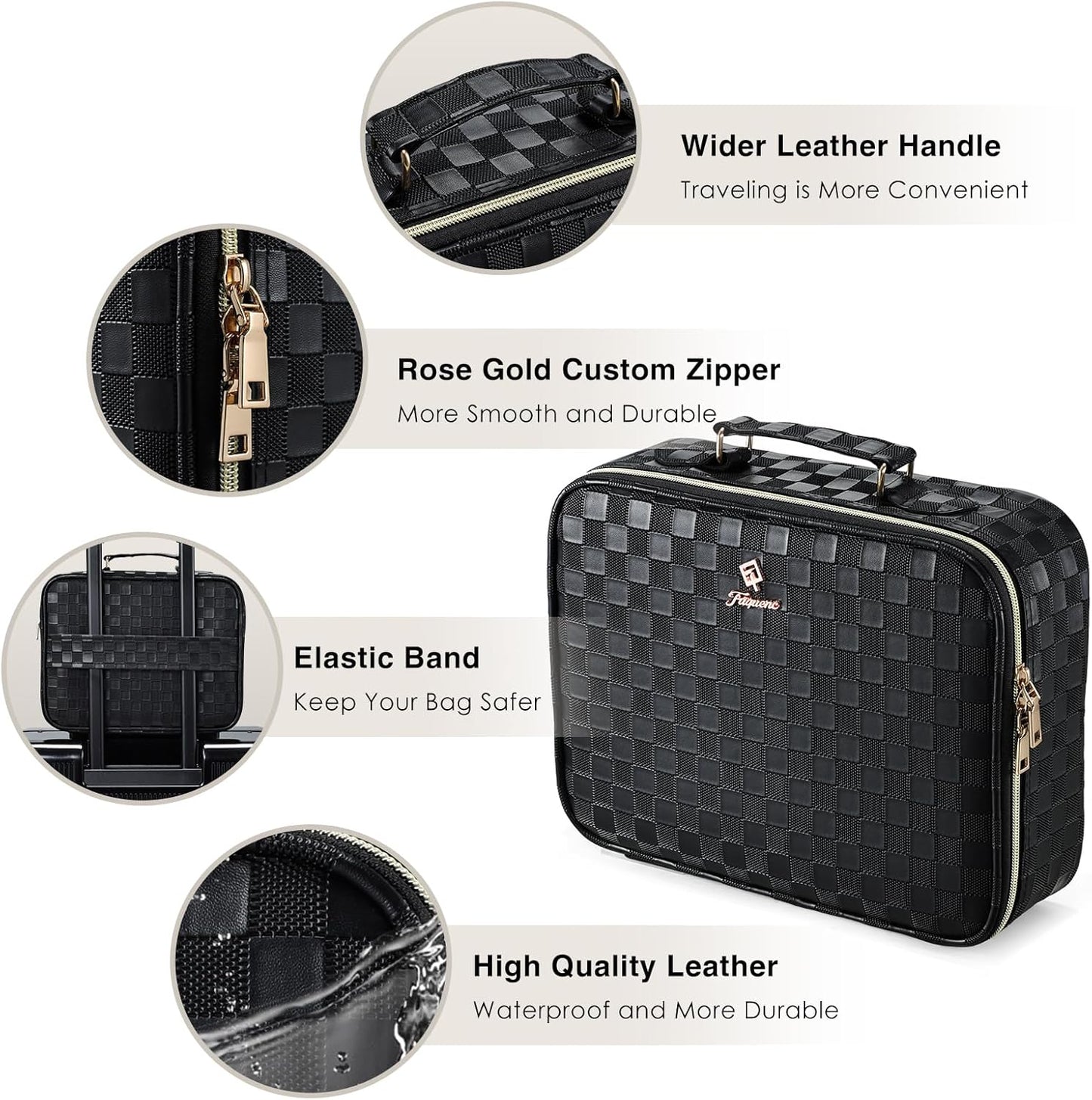 LED Lighted Makeup Bag - 12.2" Travel Cosmetic Organizer with Adjustable Brightness | Black Checkerboard Design, Dividers & Brush Holder