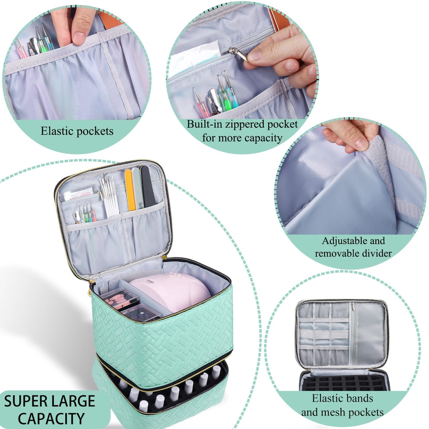 RZMAYIS Nail Polish Organizer, Nail Polish Storage Holds 30 Bottles & Nail Lamp, Double Layer Nail Bag Organizer Case, Portable Nail Polish Holder for Nail Tech Travel & Manicure Kit