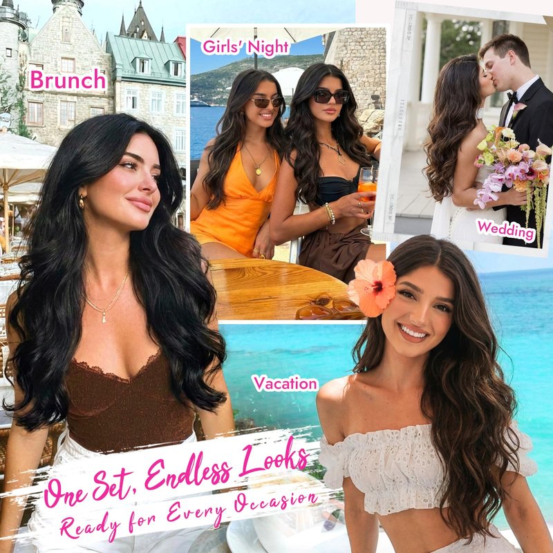 KooKaStyle Clip In Hair Extensions, Natural Long Layered Soft Invisible Synthetic Curly Wavy Hairpieces for Women, 4 pcs (20 Inch, Black)