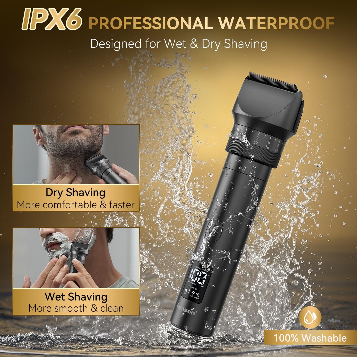 kensen Beard Trimmer for Men - 42 Adjustable Length Settings Hair Clippers, Professional Mustache Trimmer for Men Precision Facial Hair Trimming Nose Trimmers IPX6 Grade LED Display Body Hair Trimmers