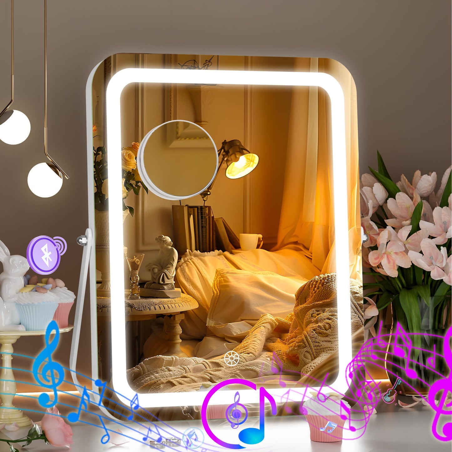 Hasipu LED Makeup Mirror with Bluetooth Speaker, 11" x 14" Vanity Mirror with Lights, 3 Modes Light, Smart Touch Control Dimmable, Rectangle White Frame