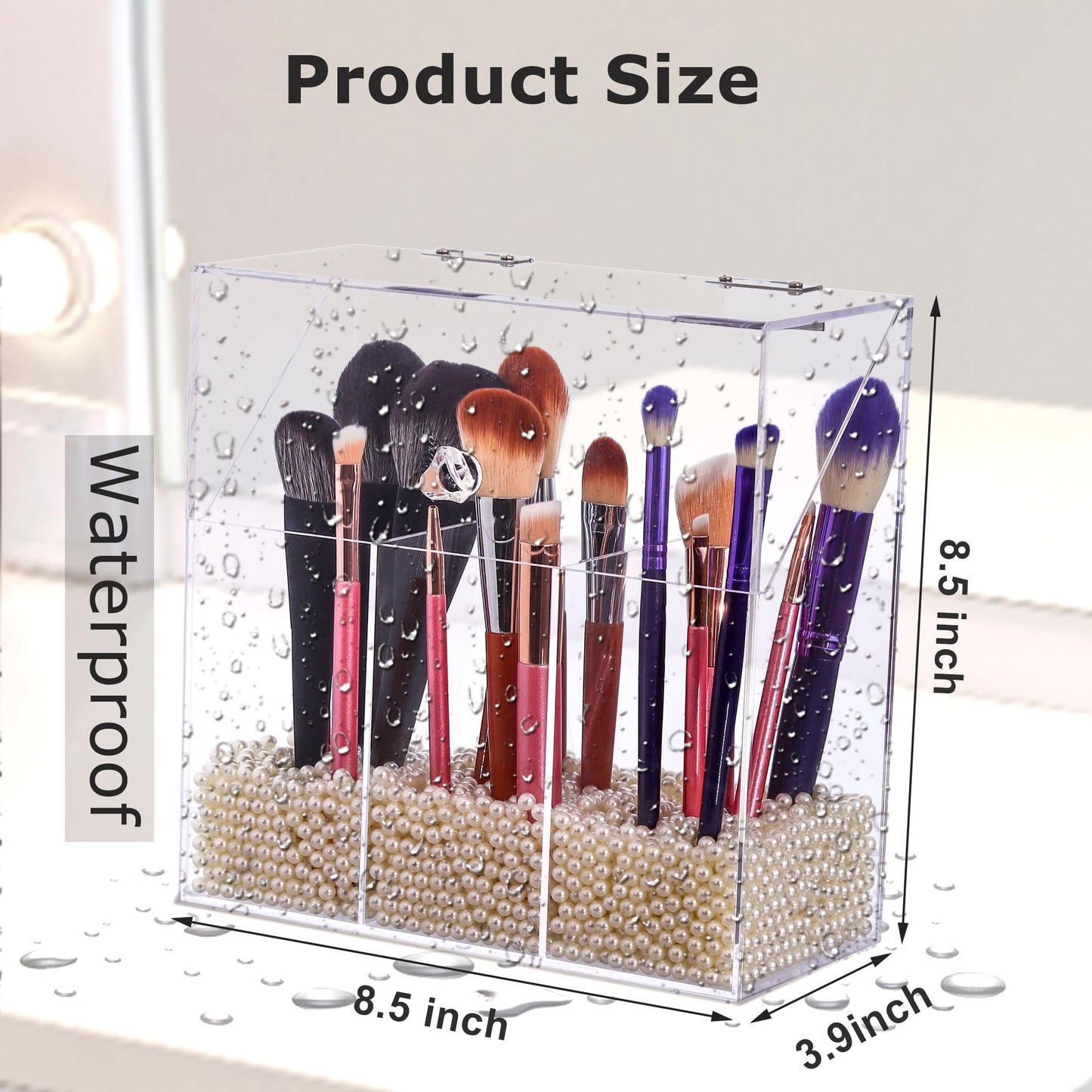 LOHRYVIO Acrylic Makeup Brush Holder with Lid - Clear Cosmetic Makeup Brush Organizer and Storage Box with Cover for Vanity - Large Capacity 3-Slots Container for Brushes (Clear)