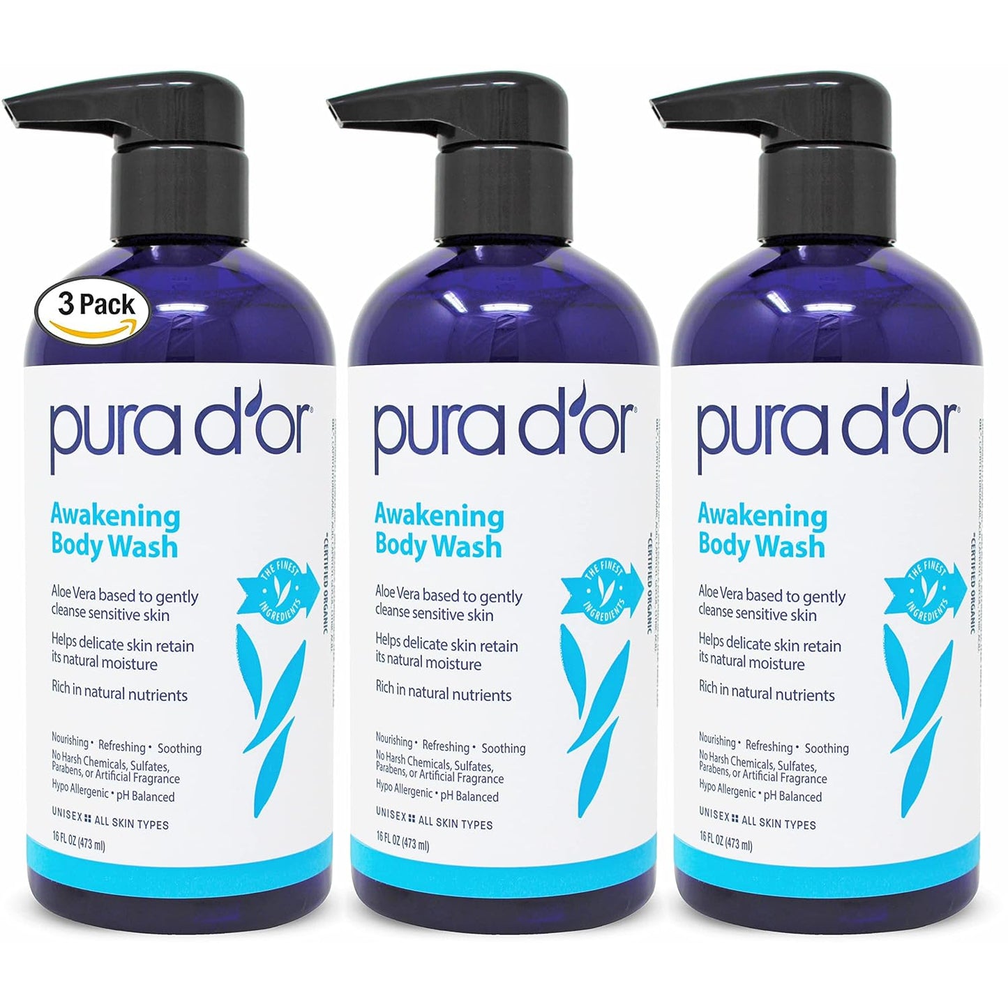PURA D'OR Awakening Body Wash - Aloe Vera & Lavender | pH Balanced, 48oz Total for Soft, Fresh Skin