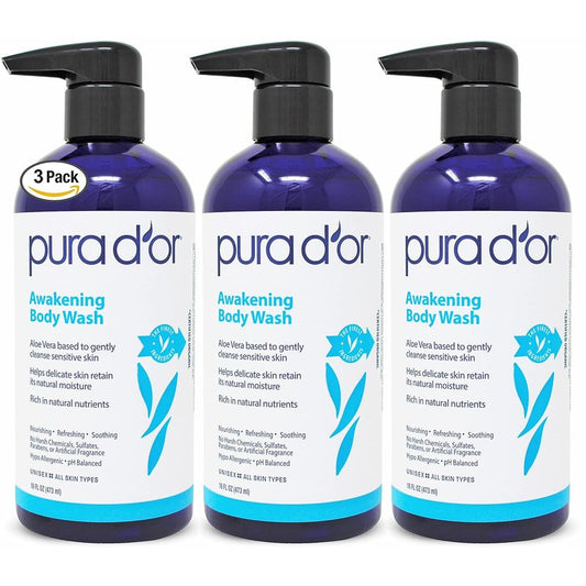 PURA D'OR Awakening Body Wash - Aloe Vera & Lavender | pH Balanced, 48oz Total for Soft, Fresh Skin