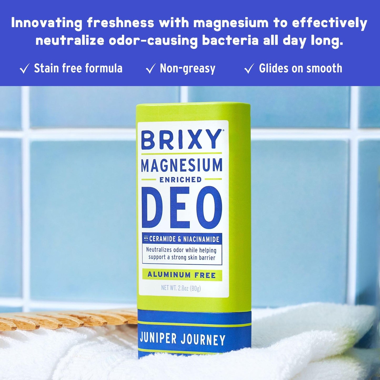 BRIXY Magnesium Deodorant, Ceramide & Niacinamide, Aluminum Free, Baking Soda Free, Plastic Free Packaging, Vegan and Certified Cruelty Free, Patent Pending
