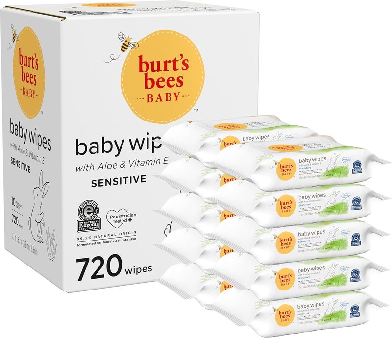 Burt's Bees Baby Wipes - Unscented Natural Aloe & Vitamin E for Sensitive Skin | 72 Wipes Per Pack