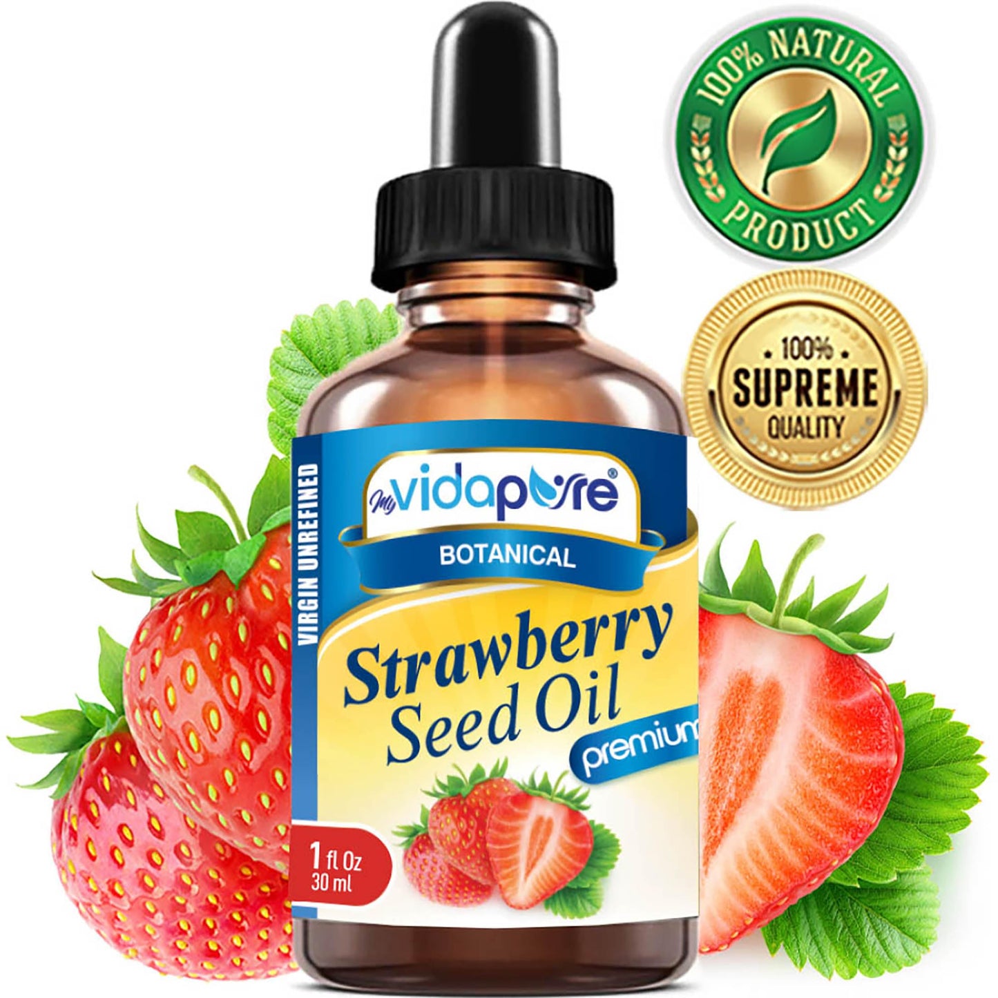 MYVIDAPURE STRAWBERRY SEED OIL 100% Pure Unrefined Virgin Cold Pressed. Moisturizer for Face, Skin, Hair, Nails, Scars, Anti Aging Omega 6 Vitamin C (1 Fl Oz)