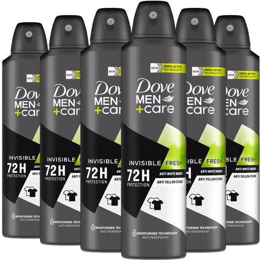 Dove Men+Care Antiperspirant Deodorant Invisible Fresh, 6 Pack, Long Lasting 72 Hour Odor Protection, No White Marks or Yellow Stains, Soothes & Moisturises Skin, 5 oz. Each