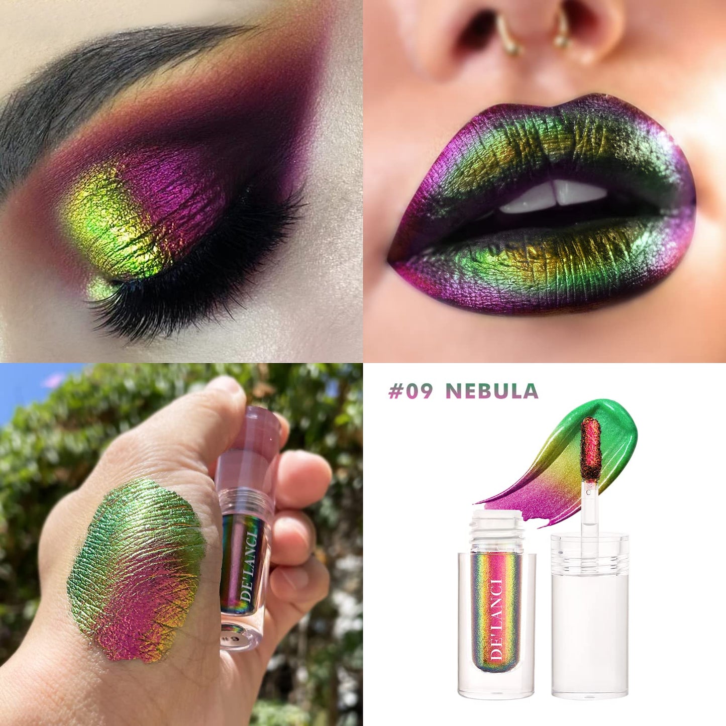 Multichrome Duochrome Metallic Glitter Shimmer Metal Colorful Bright Liquid Eye Shadow, Chameleon Sparkle Waterproof High Pigmented Longlasting Liquid Eyeshadows Color Shift Gold