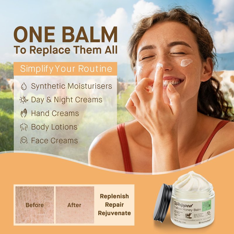 Beef Tallow Honey Balm for Skin: 100% Grass Fed Whipped Organic Moisturizer with Organic Raw Honey, Jojoba Oil, Vitamin E – Natural Face and Body Care for Mature, Dry or Sensitive Skin, 2oz