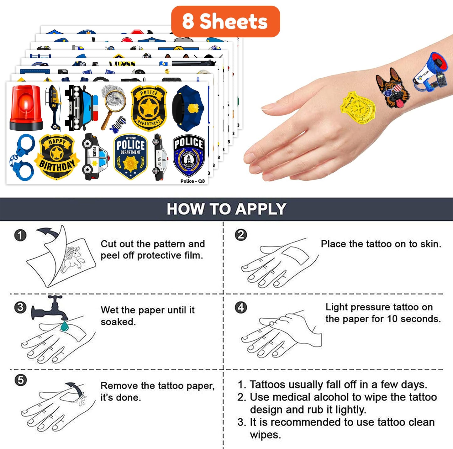 96 PCS Police Officer Temporary Tattoos for Kids - 8 Sheets Cute Cop