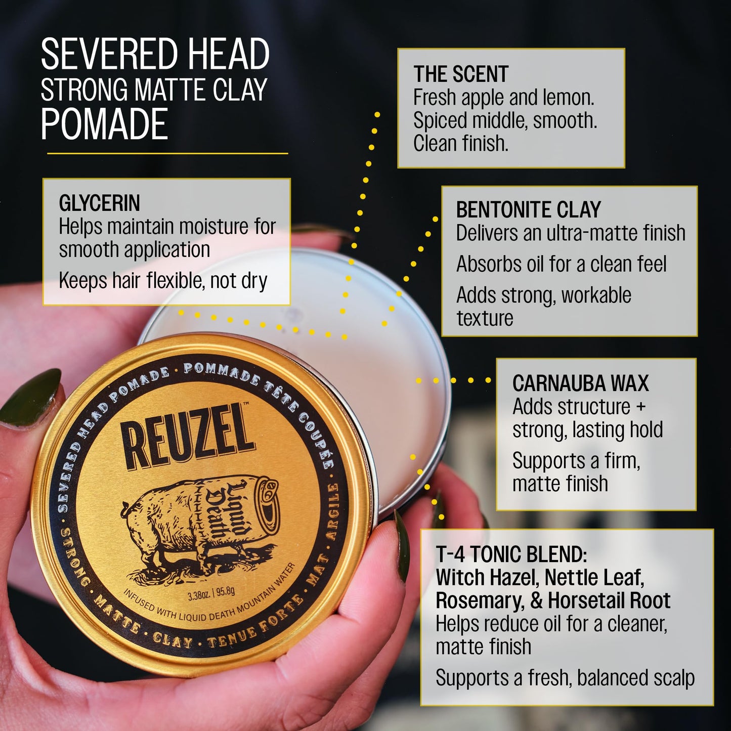 REUZEL Severed Head Strong Hold Clay Pomade for Men Strong Hold Matte Hair Styling Clay, Rough Textured Finish, All-Day Control, Non-Greasy Formula, Limited Edition 3.38oz