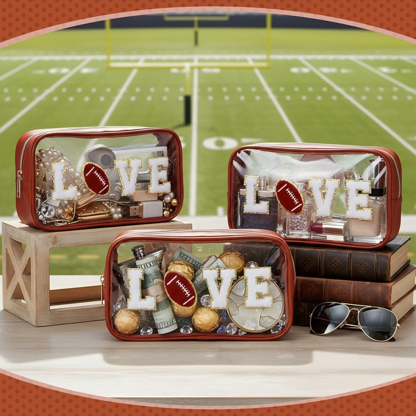 Football Gifts - 6 Pcs Clear Makeup Bag Set with Chenille Letter Patch | Waterproof PVC Organizer for Sports Party Favors