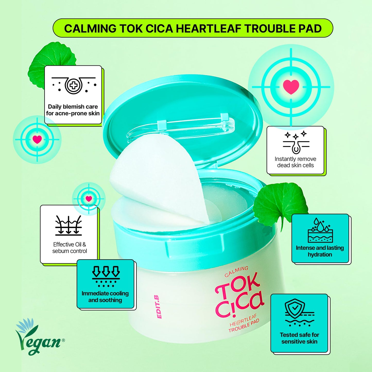 EDIT.B Calming Tok Cica Heartleaf Trouble Pads, Cooling & Hydrating Facial Toner Pads for Sensitive Skin, Mild Exfoliating & Soothing, Easy-Split for Multi-Use, Daily Korean Skin Care (70 Sheets)