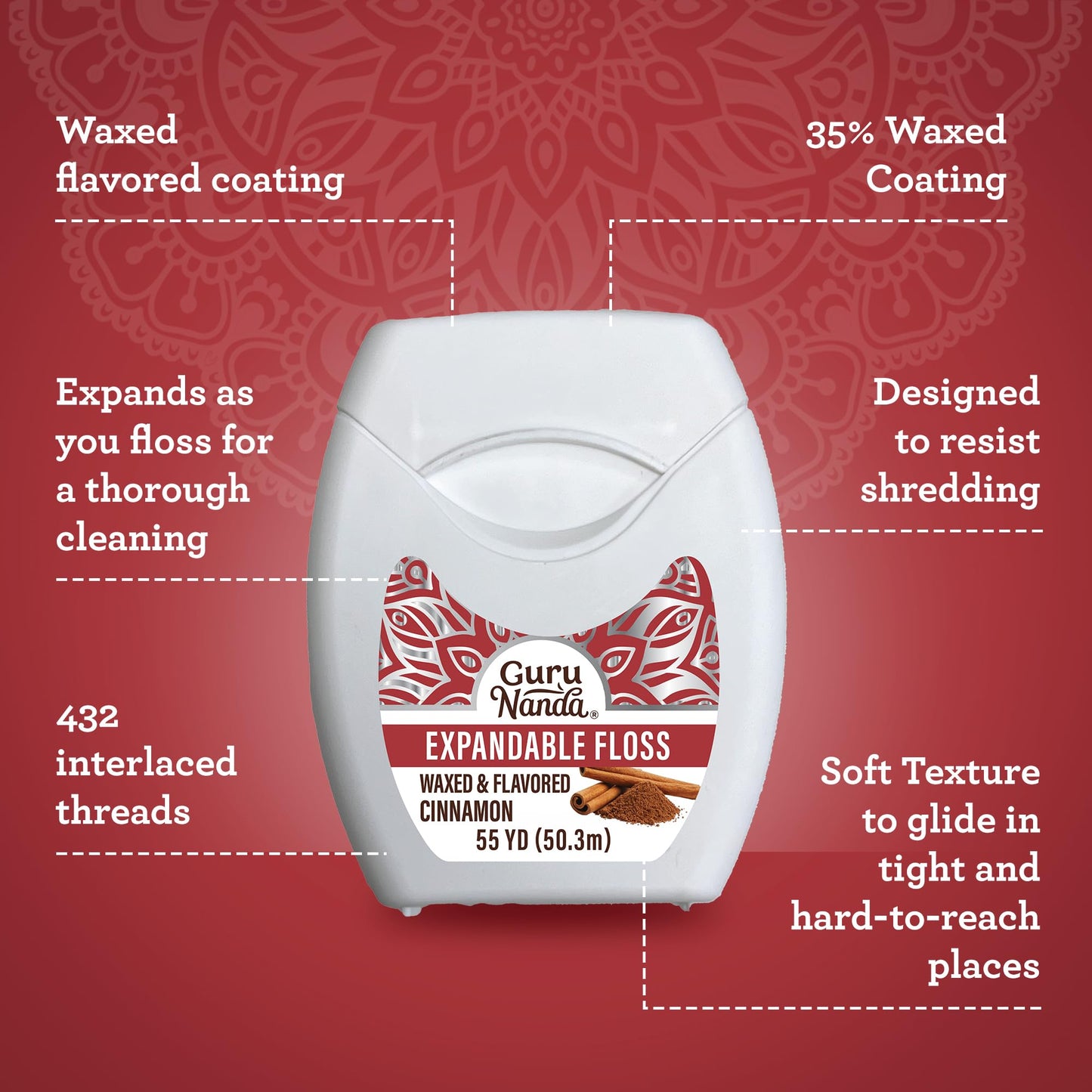 GuruNanda Expandable Waxed Dental Floss for Gentle, Deep Cleaning Wide Teeth Flossing