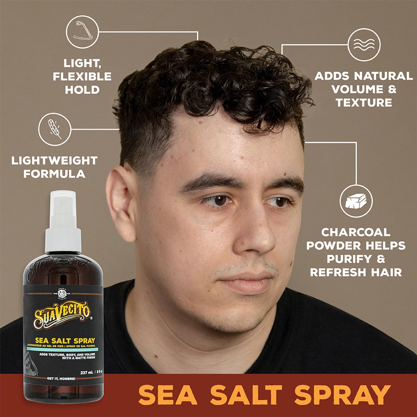 Suavecito Sea Salt Spray - Natural Hair Volume and Texture with Light Flexible Hold for Men, Alcohol & Paraben-Free, 8 oz