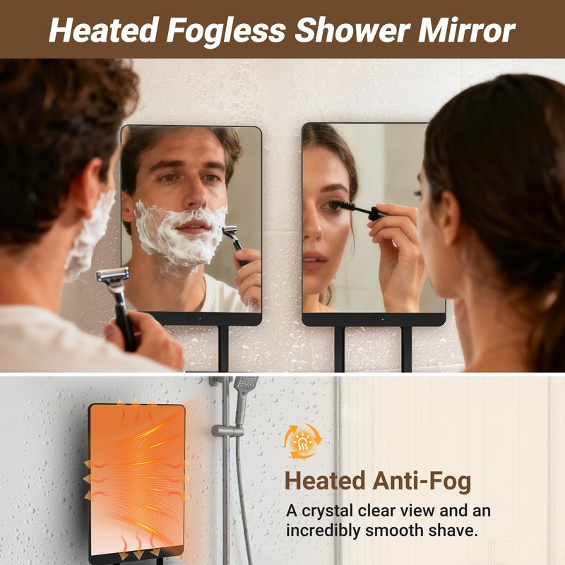 Toollygozz Heated Fogless Shower Mirror for Shaving, 5000mAh Long-Lasting Anti-Fog Shower Mirror with 360° Rotating Design & Razor Holder, Fog-Free Shaving Mirror for Men (Black)