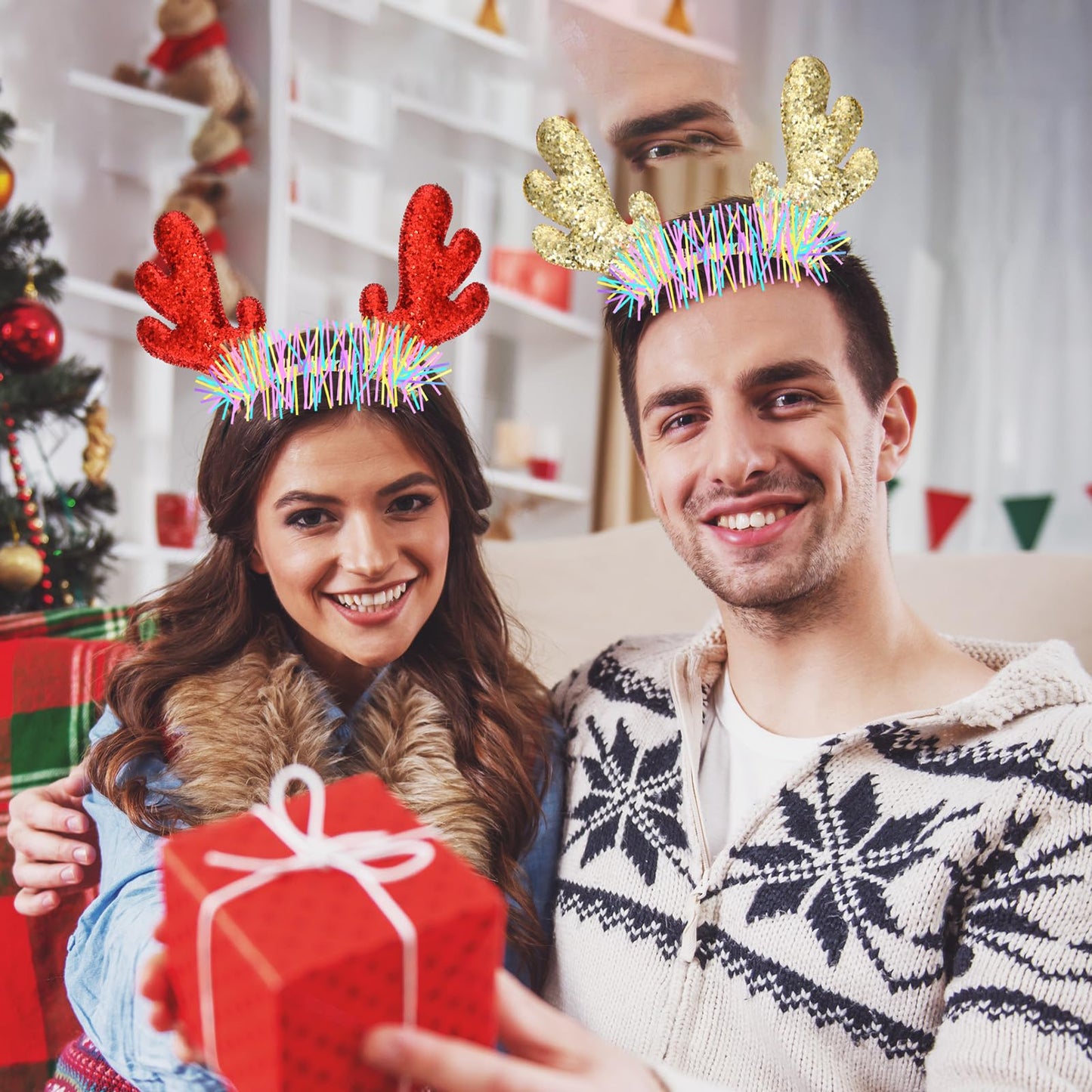 Riceshoot 30 Pcs Christmas Reindeer Antlers Headband Bulk Deer Antlers Headbands with Ears Deer Costume for Women Halloween Party Favors Supplies