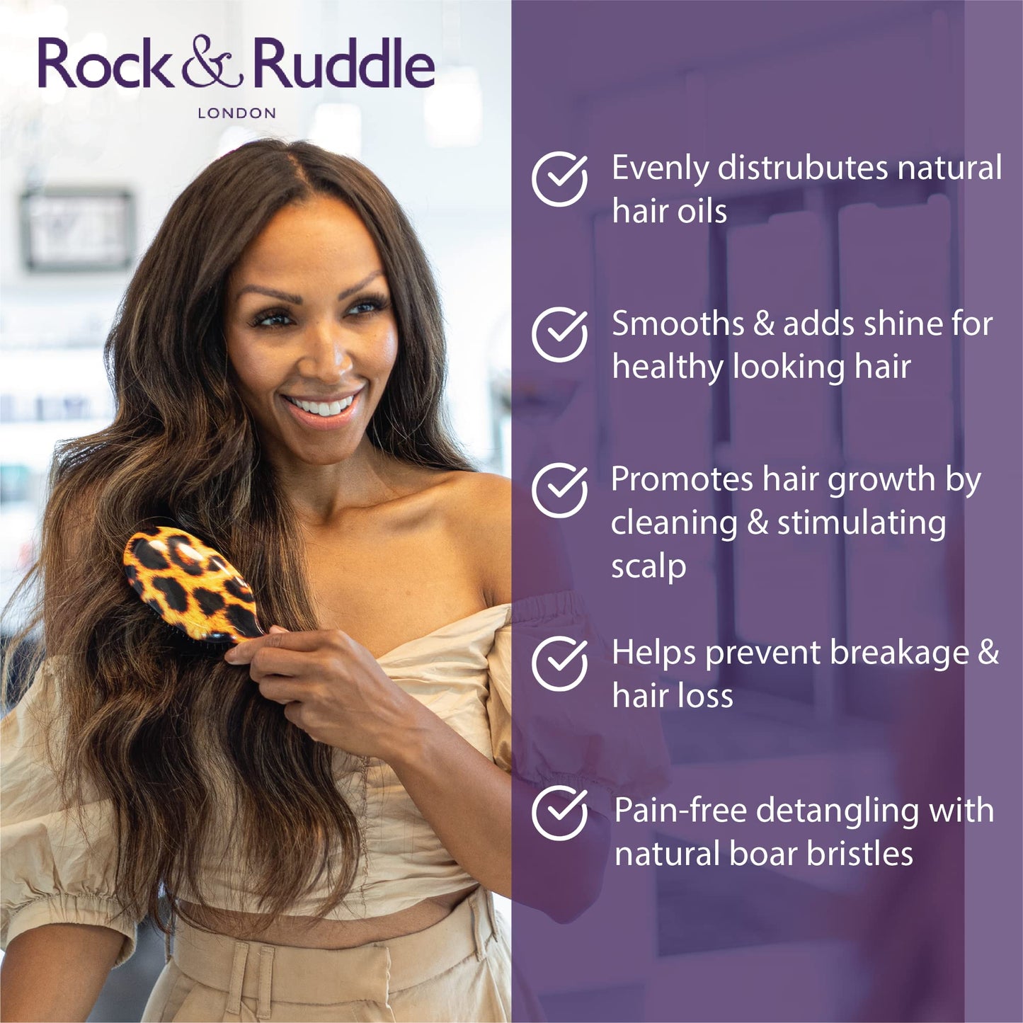 Rock & Ruddle Natural Mixed Boar Bristle Hair Brush for Women and Kids (Large, 21 cm) - Perfect for Wet or Dry Hair, Detangling Smoothing Blowdrying - Designed & Made in UK - Toucans Design