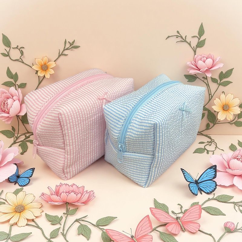 10 Pcs Cotton Quilted Makeup Bags Bulk-Valentines Day Gifts Bow Stripe Cosmetic Bags Coquette Aesthetic Makeup Pouch with Zipper Travel Portable Bag Preppy Gifts for Women (Blue)