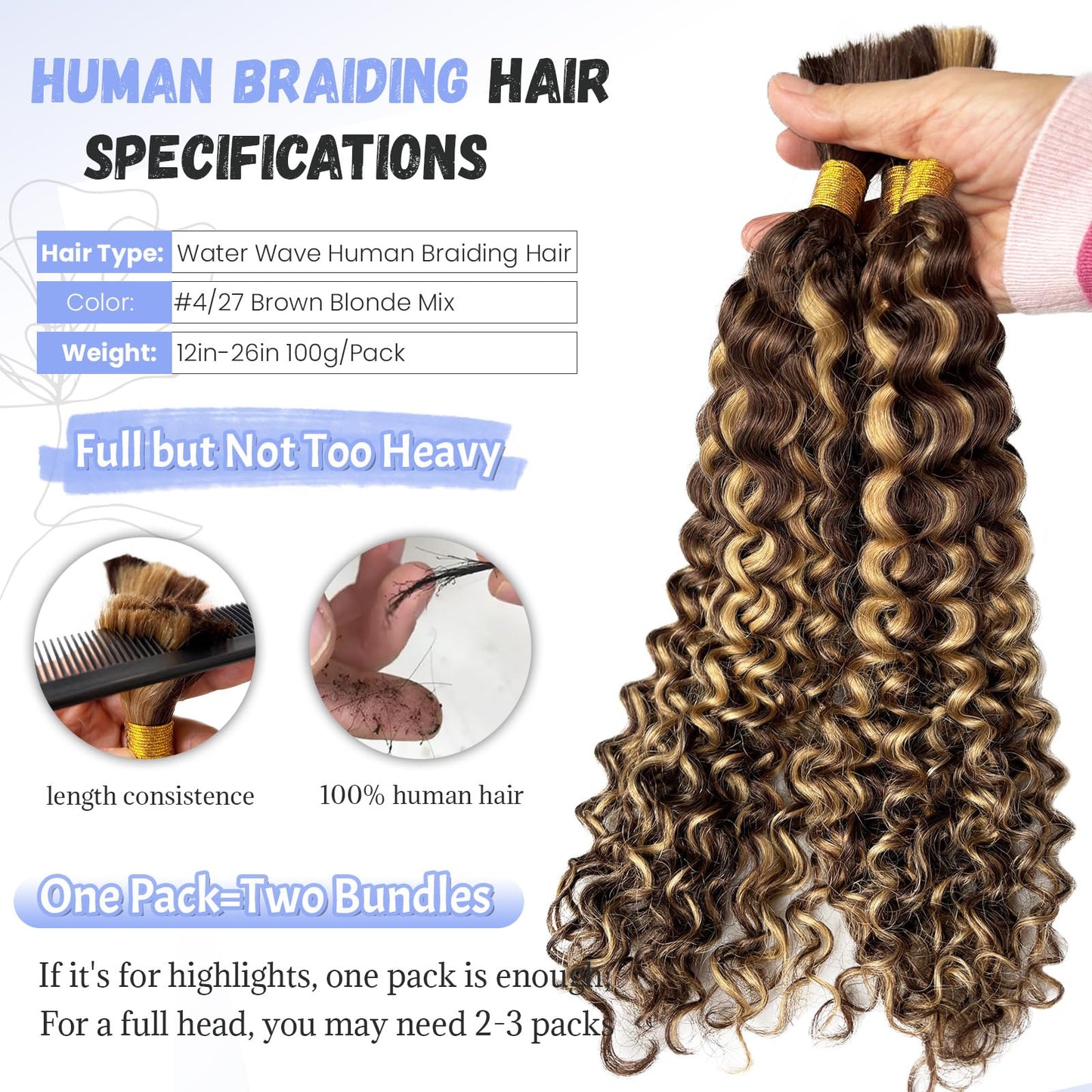 Licoville Boho Human Hair for Braiding 4/27 Water Wave Human Bulk Hair Brown Blonde Braiding Wet and Wavy Bundles No Weft 100% Curly Human Hair for Boho Braids Knotless Smooth Hair 16 Inch 100G