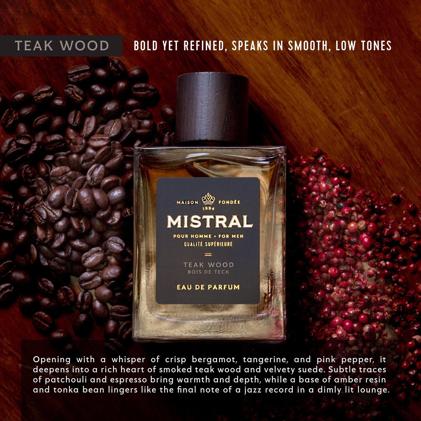 Mistral Men’s Cologne – Teakwood Eau de Parfum | Woody & Earthy Masculine Scent with Citrus, Jasmine, Patchouli & Musks | Cruelty-Free & Long-Lasting Perfume for Men, Made in France - 3.4 Oz