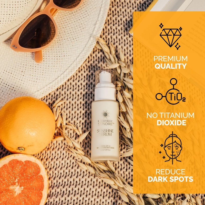 EveryRay Suncare - Sunshine Serum - Enriched Mineral Suncreen Serum - 1.69 fl oz - SPF 50 with skin hydrating squalane and Vitamin C - For All Skin Types and Skin Tones