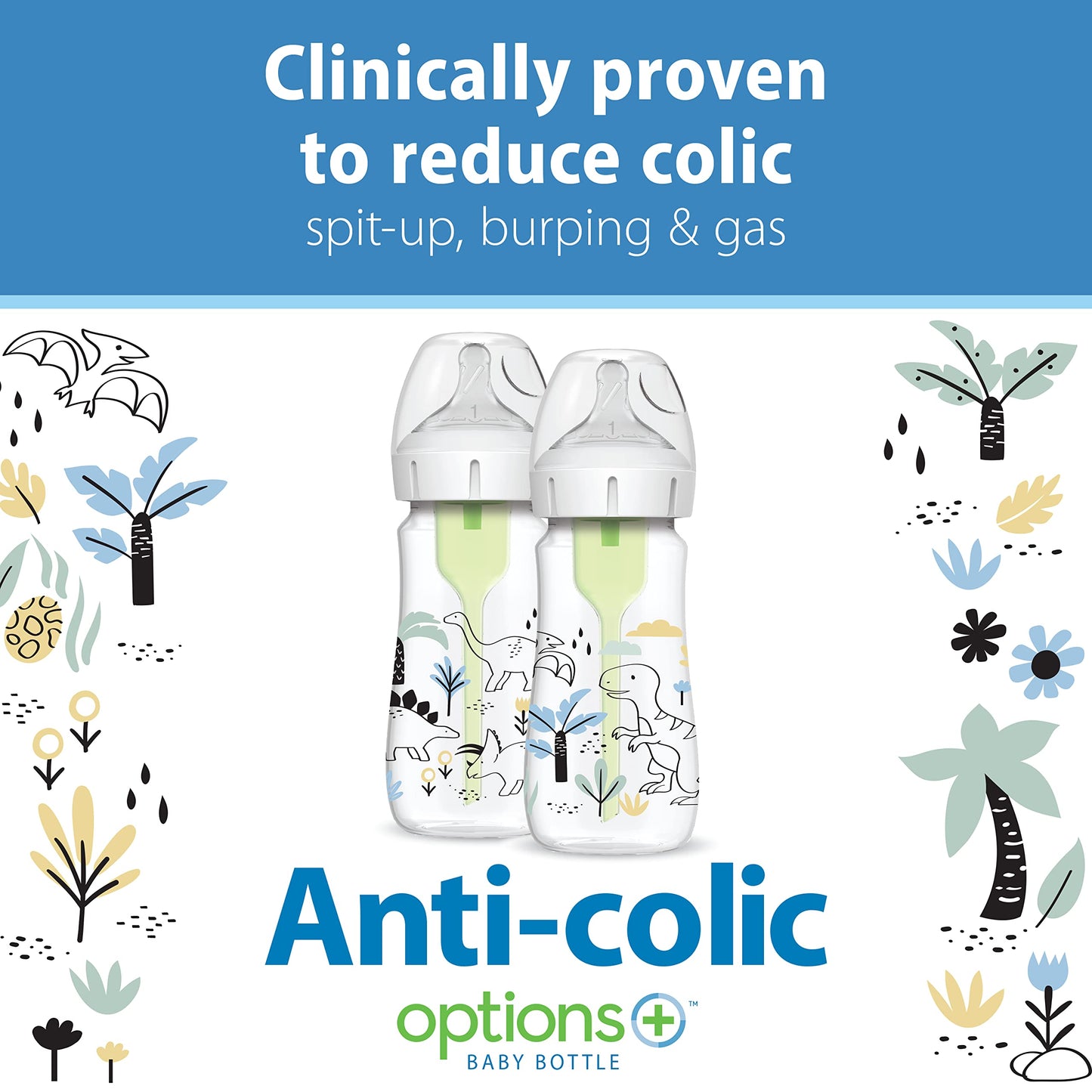 Dr. Brown's Anti-Colic Options + Wide-Neck Baby Bottle Designer Edition Dino Decos, 9oz/270mL, Level 1 Slow Flow Nipple, BPA-Free, 0m+, 2-Pack