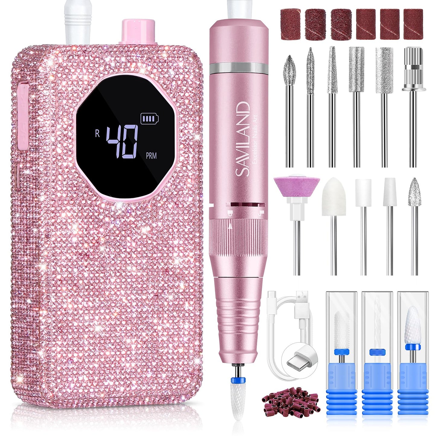 SAVILAND Professional Nail Drill 40000 RPM: Portable Diamond Nail Drill Kit Rechargeable 4000 mAh Electric Nail File for Thick Acrylic Nails with Ceramic Nail D rill Bits Sanding Bands Nail Tech Salon