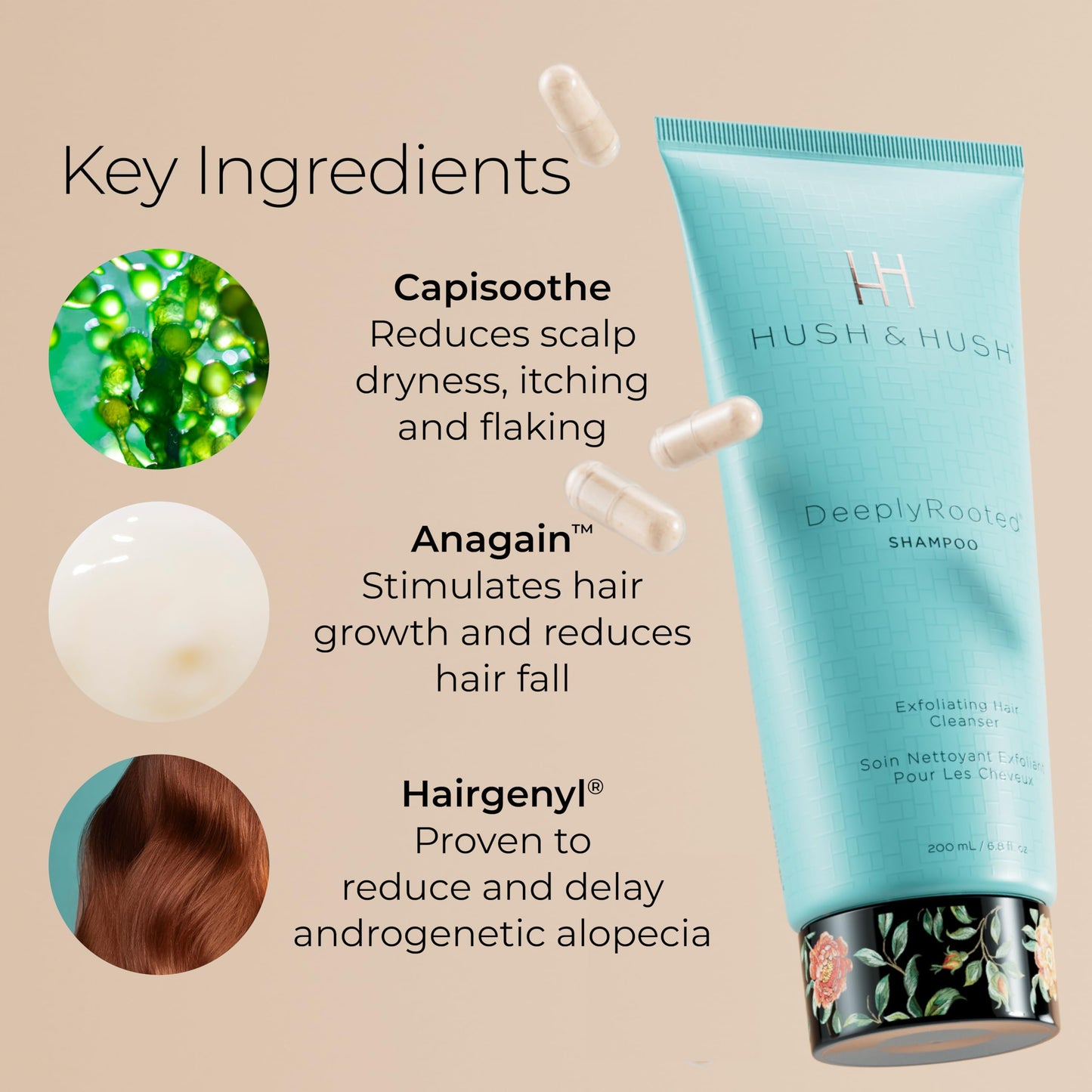 Hush & Hush DeeplyRooted Shampoo - Luxurious Sulfate Free Exfoliating Shampoo - Strengthens Thin, Brittle, & Aging Hair - 200 ML/6.8 Fl Oz