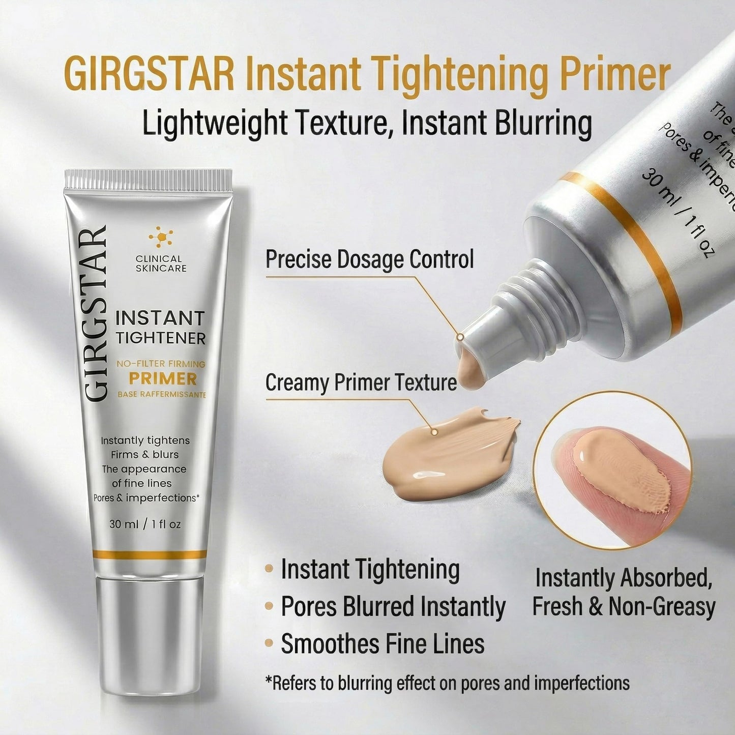 Girgstar Instant Face Blurring & Firming Primer for Face Before Makeup - Perfection Tightener Visibly Smooths the Look of Fine Lines, Wrinkles & Pores - Grips Makeup for Long Wear & Shine Control