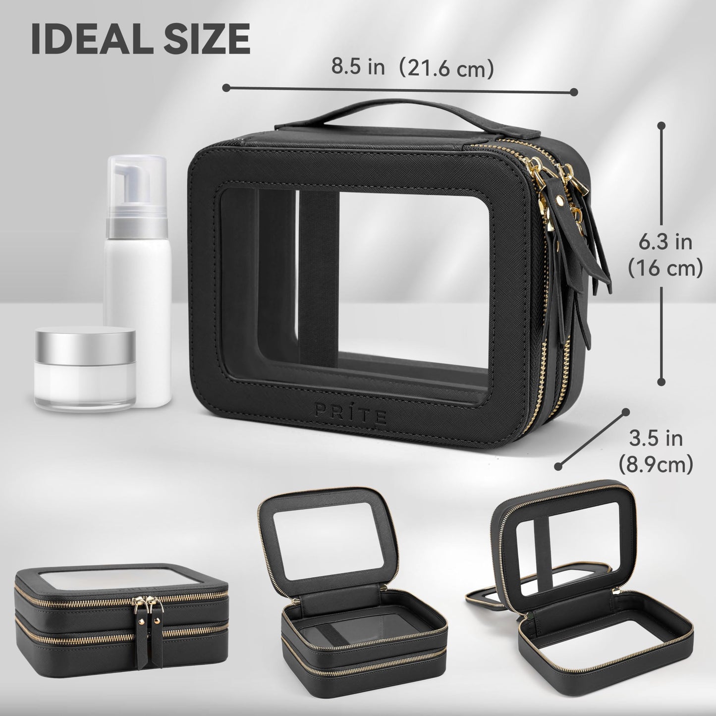 Prite Clear Makeup Bags Double Layer Cosmetic Bags with a Separate Brush Compartment Travel Makeup Bag for Women Travel Accessories Organizer for Purse(Black)