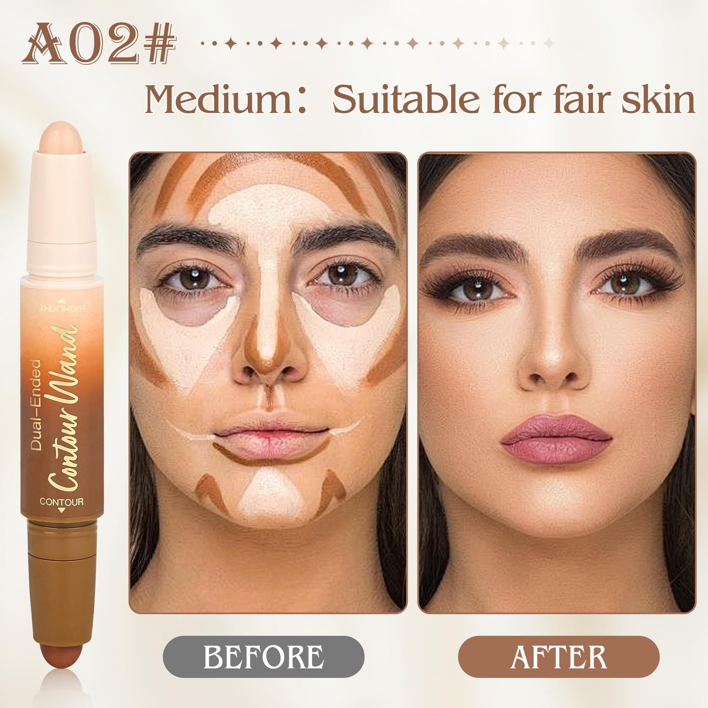 2Pcs Contour Highlighter Stick，2-in-1 Dual-Ended Cream Bronzer & Highlighter Sticks Pen for Face Body Contouring Makeup- Buildable，Waterproof, Easy to Apply Suitable for Beginners(02+02)