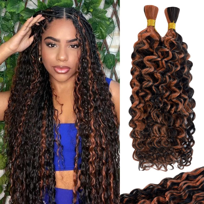 1B/30 Braiding Human Hair Ombre Water Wave 2 Bundles Highlight Curly Bulk Boho Braids Human Hair Extensions 100g 18 Inch Balayage Human Braiding Hair Knotless
